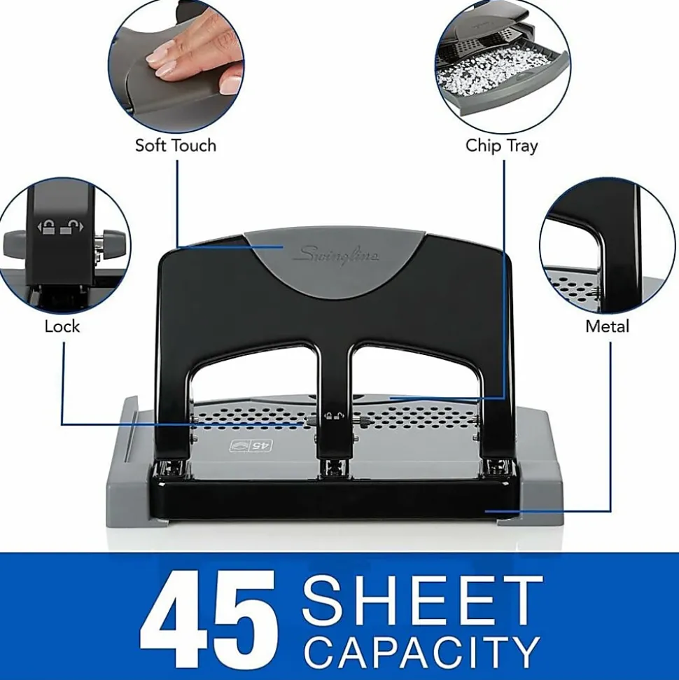 Swingline® SmartTouch™ Low-Force 3-Hole Punch, Black/Gray
