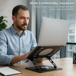 Swivel Laptop Stand - Adjustable 360° Rotating Metal Laptop Riser (Black) - Raise, rotate, and cool your laptop for better posture and productivity.