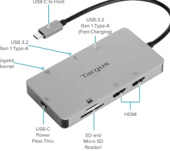 Targus® Dual HDMI™ 4K Docking Station, 5-14”H x 8-3/4”W x 1-13/16”D, Blue, DOCK423TT