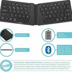 Targus Ergonomic Foldable Bluetooth Antimicrobial Keyboard, Compact Size, Black, AKF003US