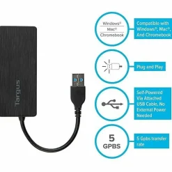 Targus® 4-Port USB 3.0 SuperSpeed™ Hub, 2.75"H x 0.5"W x 0.5"D