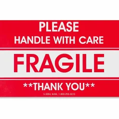Tatco Fragile/Handle With Care Shipping Label, Rectangle, 3" x 5", Red/White, Roll of 500