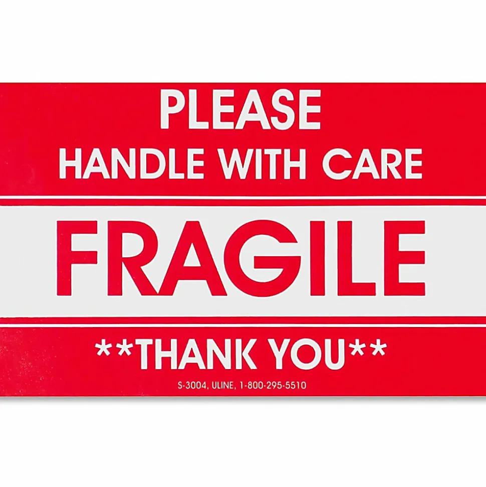 Tatco Fragile/Handle With Care Shipping Label, Rectangle, 3" x 5", Red/White, Roll of 500