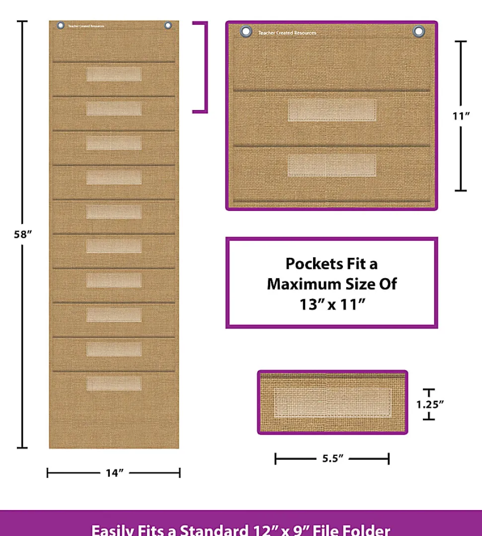 Teacher Created Resources File Storage Pocket Chart With 10 Pockets, 14" x 58", Burlap