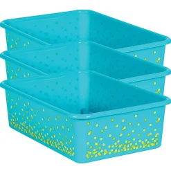 Teacher Created Resources Large Plastic Storage Bins, 11-1/2" x 5" x 16-1/4", Teal Confetti, Pack Of 3 Bins