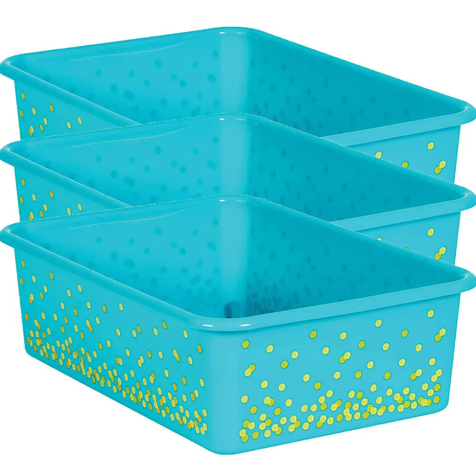 Teacher Created Resources Large Plastic Storage Bins, 11-1/2" x 5" x 16-1/4", Teal Confetti, Pack Of 3 Bins