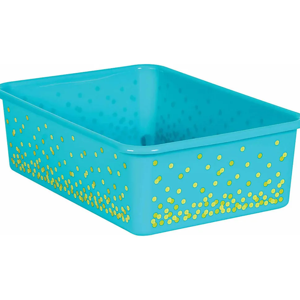 Teacher Created Resources Large Plastic Storage Bins, 11-1/2" x 5" x 16-1/4", Teal Confetti, Pack Of 3 Bins