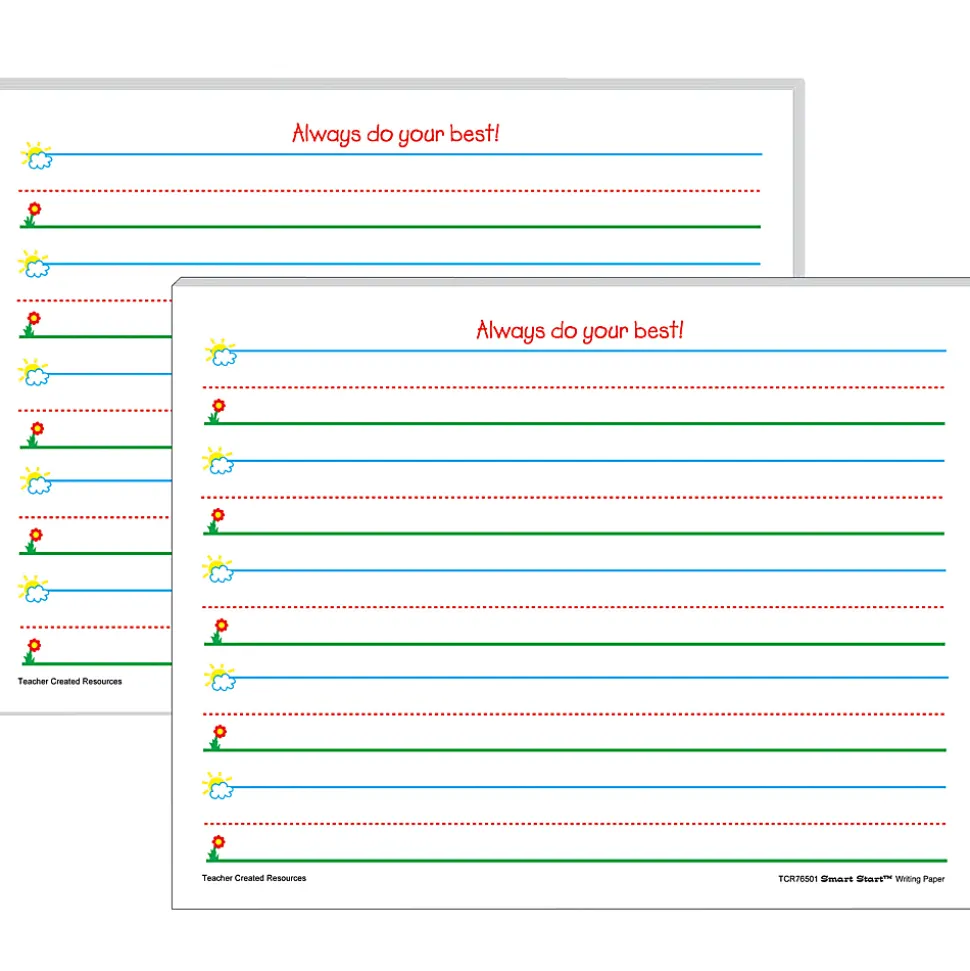 Teacher Created Resources Smart Start K-1 Writing Paper, 8-1/2” x 11”, Primary Rule, White, 100 Sheets Per Pack, Set Of 2 Packs