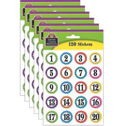 Teacher Created Resources® Stickers, Polka Dots Numbers, 120 Stickers Per Pack, Set Of 6 Packs