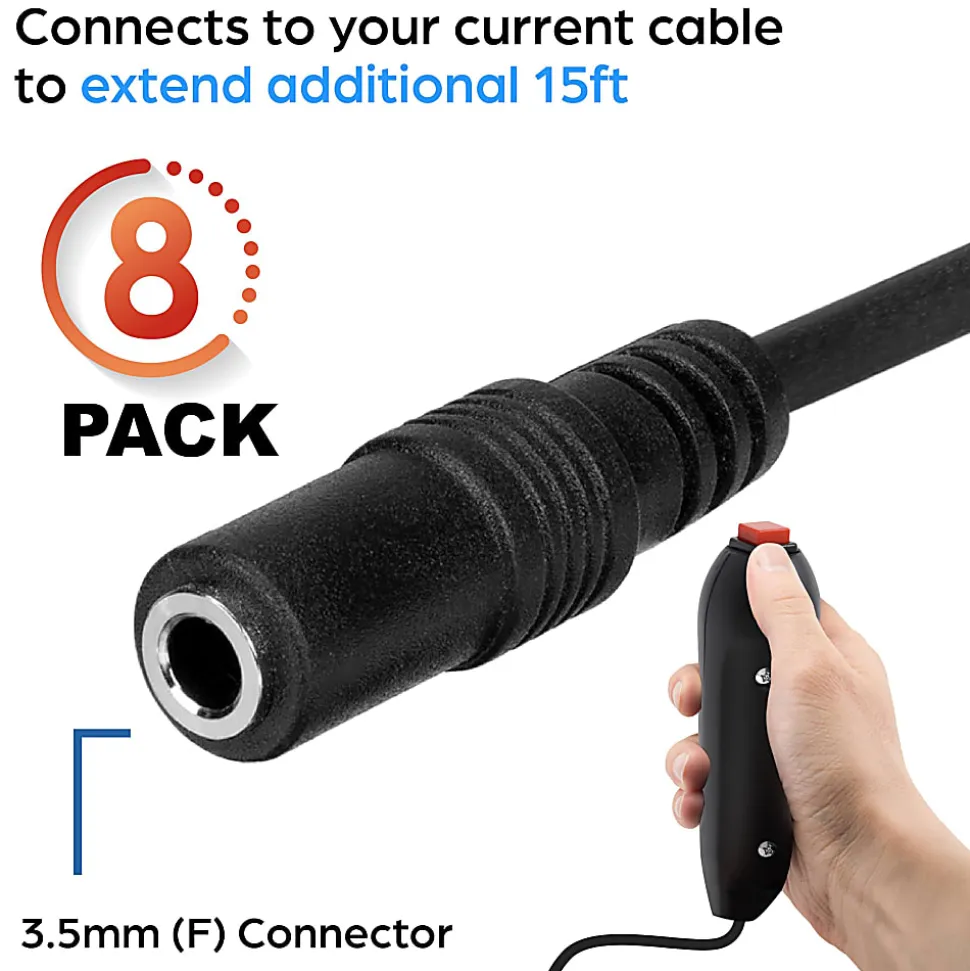 Teachers Choice Handheld Game Buzzer System Extension Cables, 15', Black, Pack Of 8 Cables, TCFT-1751