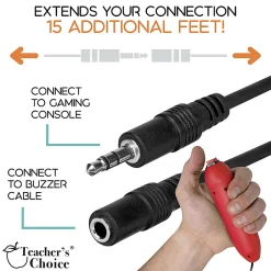 Teachers Choice Handheld Game Buzzer System Extension Cables, 15', Black, Pack Of 8 Cables, TCFT-1751