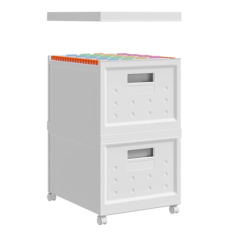 Techni Mobili Collapsible Stackable Plastic File Boxes With Wheels And Lids, Letter Size Paper, 13”L x 16-1/4”W x 12-1/2”H, White, Total Qty 2