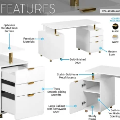 Techni Mobili Elegant 57"W Executive Computer Desk, White/Gold, Total Qty 1