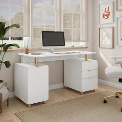 Techni Mobili Elegant 57"W Executive Computer Desk, White/Gold, Total Qty 1