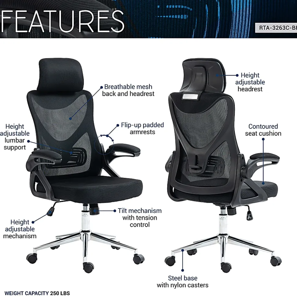 Techni Mobili Ergonomic Mesh High-Back Executive Office Chair, Black