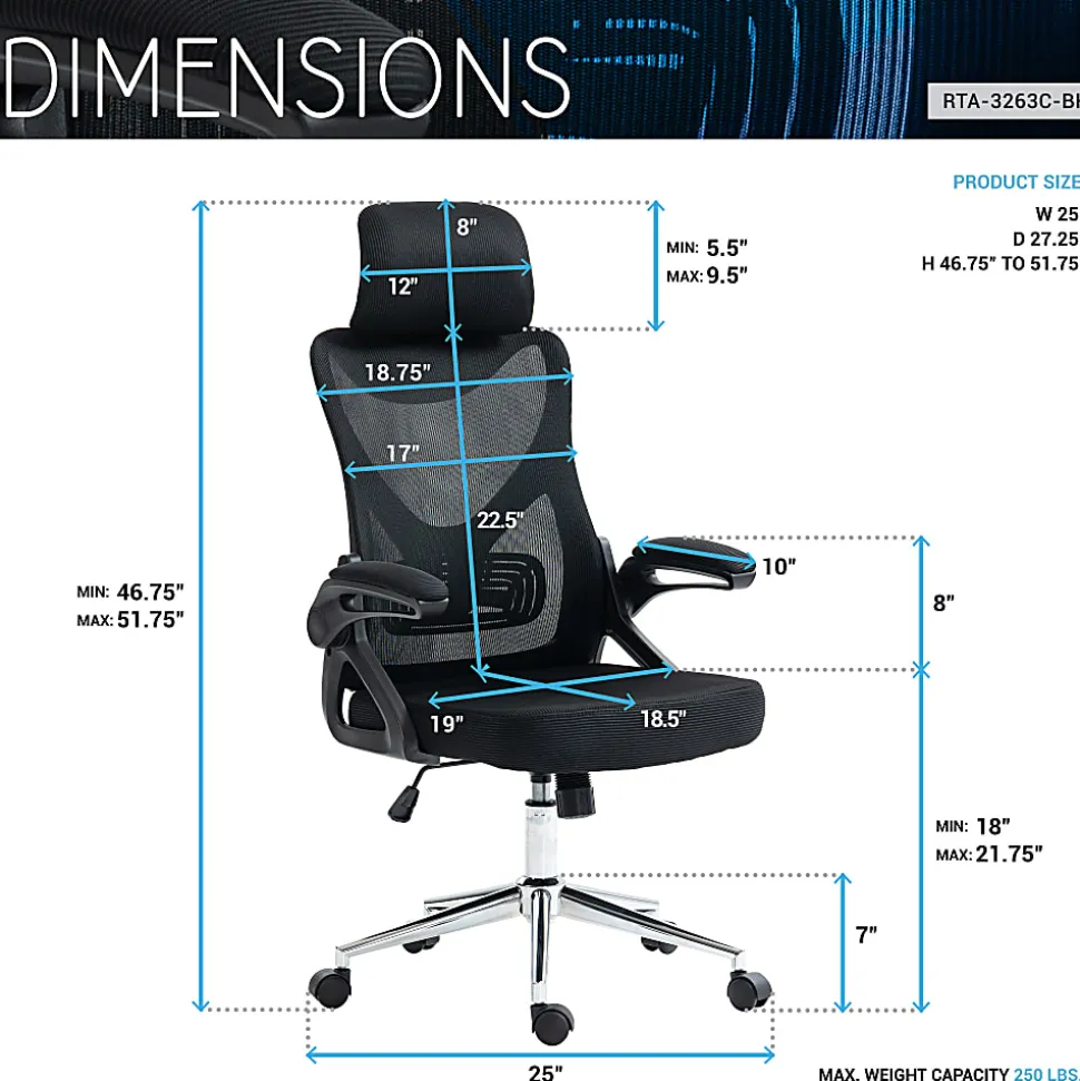 Techni Mobili Ergonomic Mesh High-Back Executive Office Chair, Black