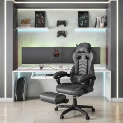 Techni Mobili Gaming Racing Style Fully Reclining Executive Office Chair With Footrest, Black/Gray, Total Qty 1