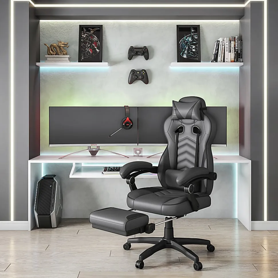 Techni Mobili Gaming Racing Style Fully Reclining Executive Office Chair With Footrest, Black/Gray, Total Qty 1