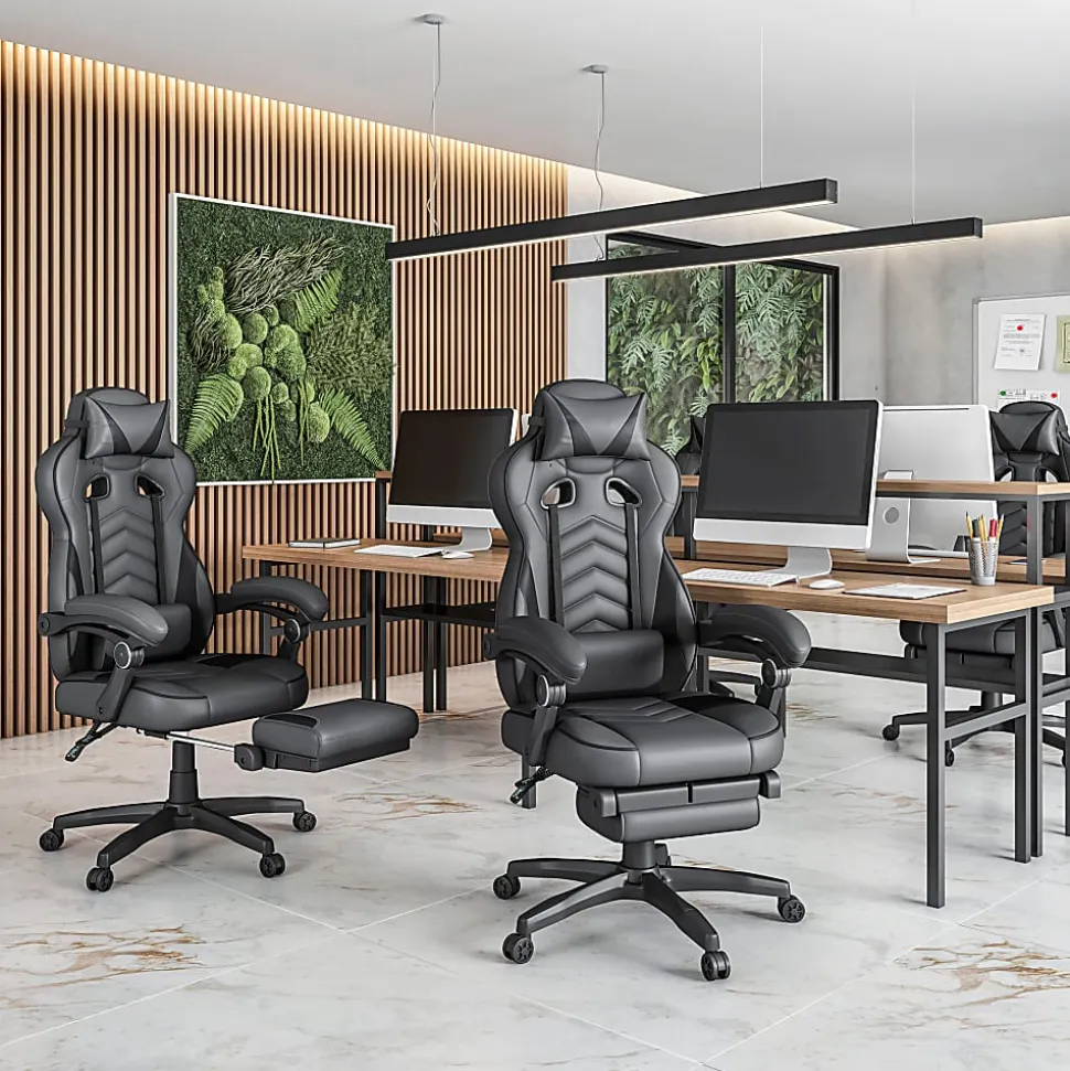 Techni Mobili Gaming Racing Style Fully Reclining Executive Office Chair With Footrest, Black/Gray, Total Qty 1