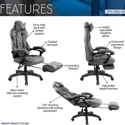 Techni Mobili Gaming Racing Style Fully Reclining Executive Office Chair With Footrest, Black/Gray, Total Qty 1
