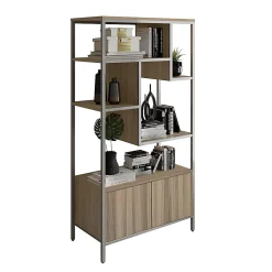 Techni Mobili 63"H Storage Rack 5-Shelf Bookcase With 2-Door Cabinet, Oak