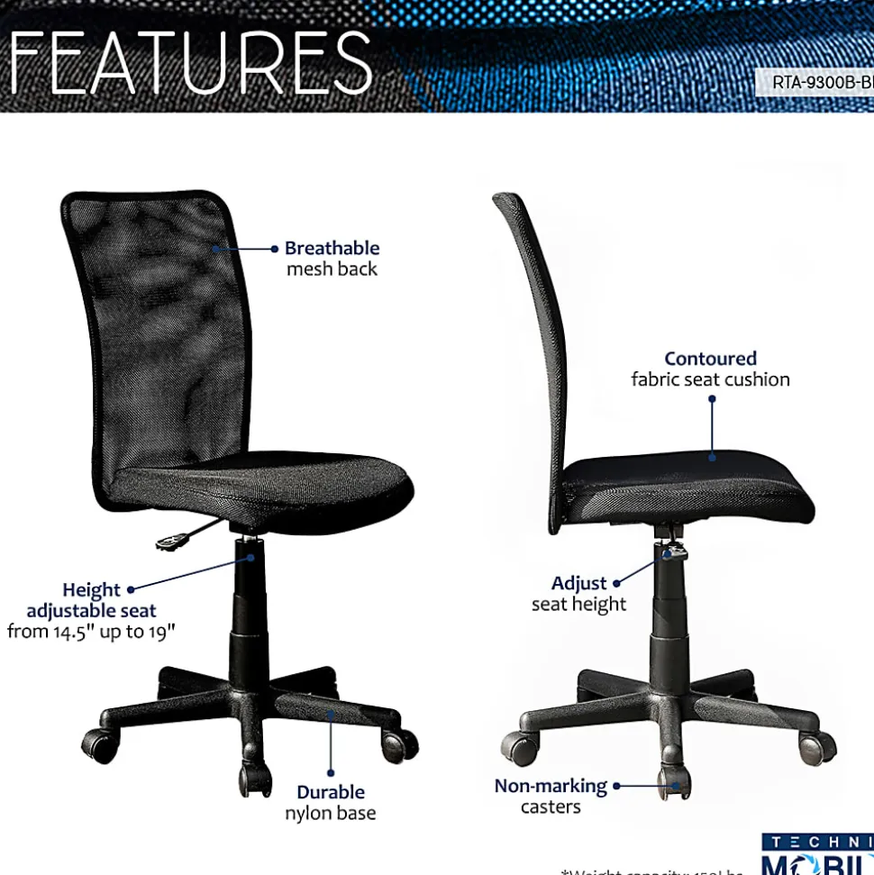 Techni Mobili RTA-9300B-BK Mesh Task Office Chair, Black