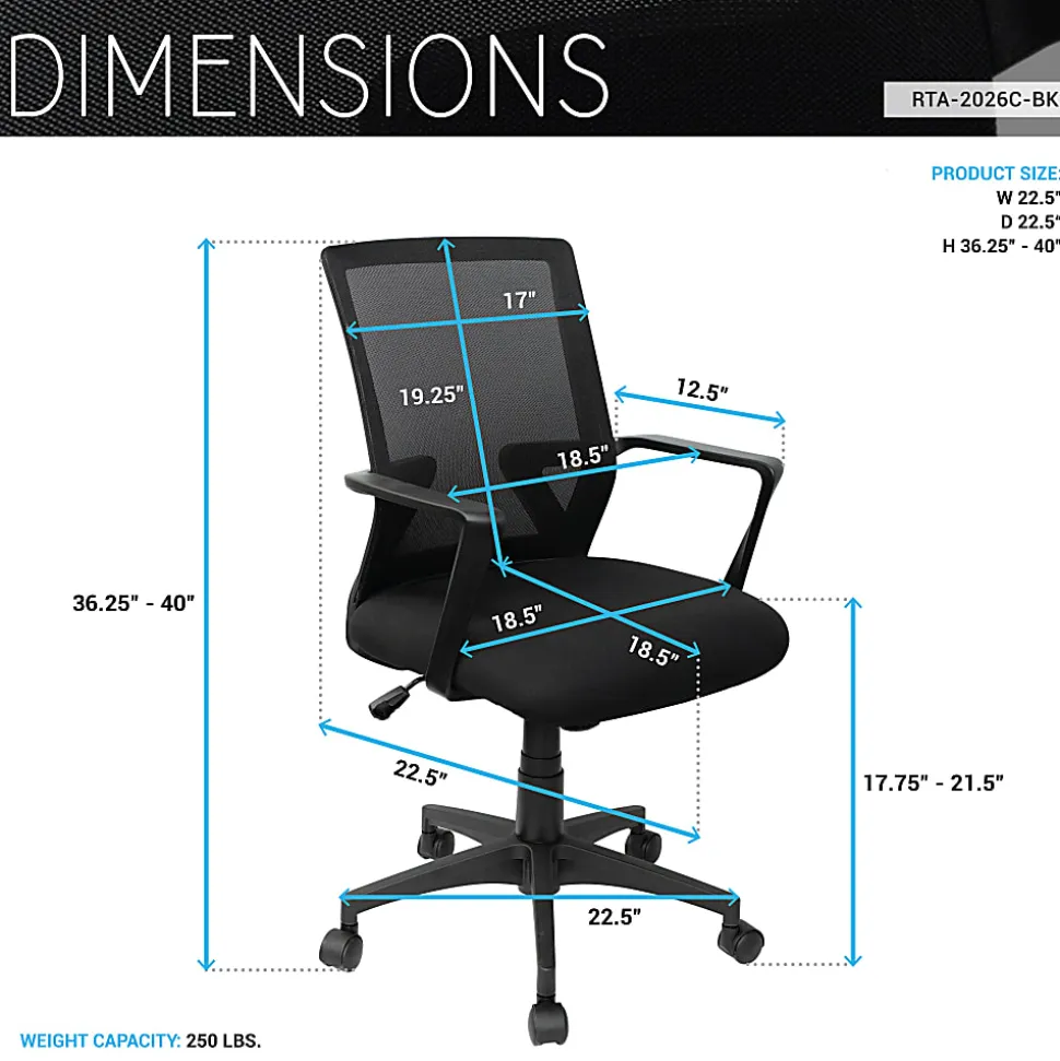 Techni Mobili RTA-2026C-BK Mesh Task Chair, Black, Lumbar & Tilt