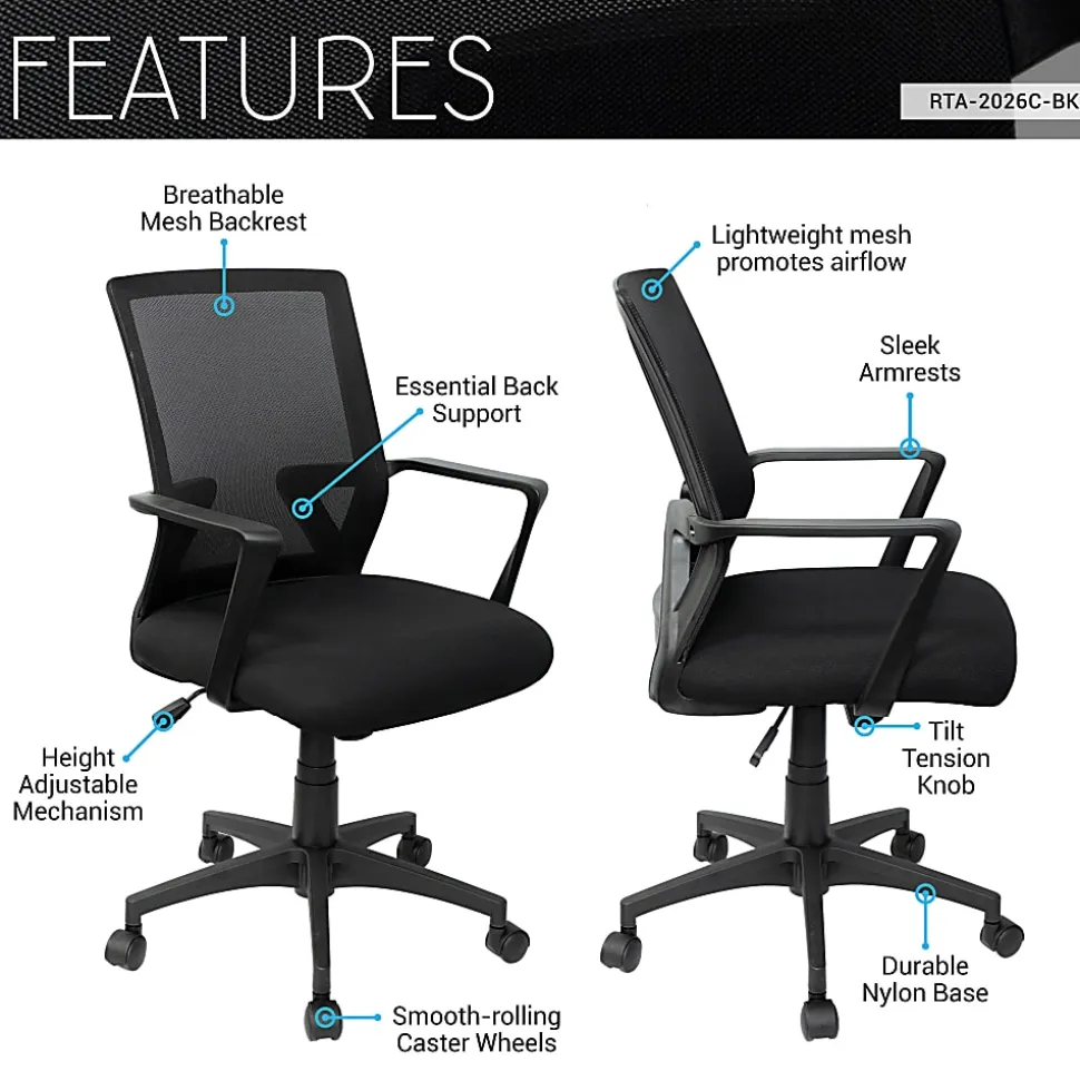Techni Mobili RTA-2026C-BK Mesh Task Chair, Black, Lumbar & Tilt