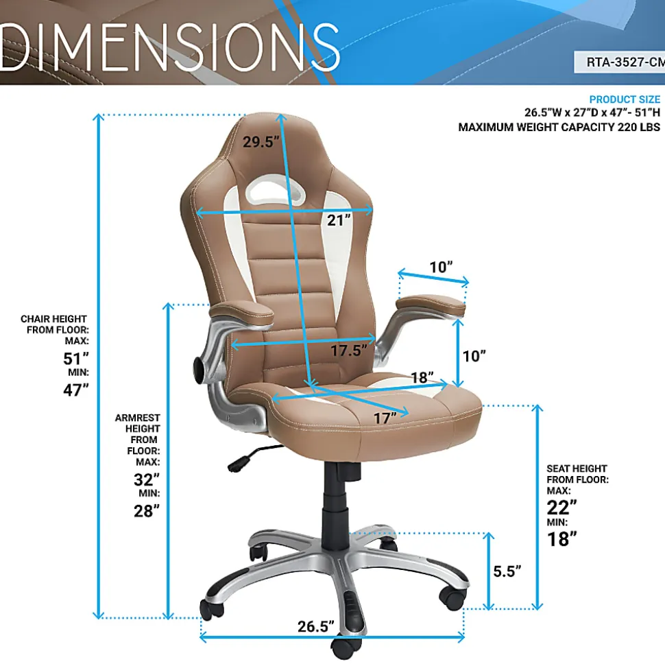 Techni Mobili RTA-3527-CM Faux Leather High-Back Executive Office Chair, Camel