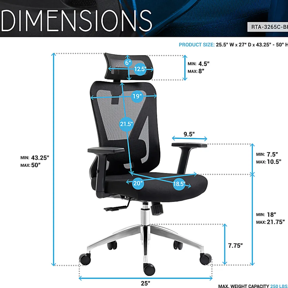 Techni Mobili Truly Ergonomic Mesh High-Back Task Chair, Black, Total Qty 1