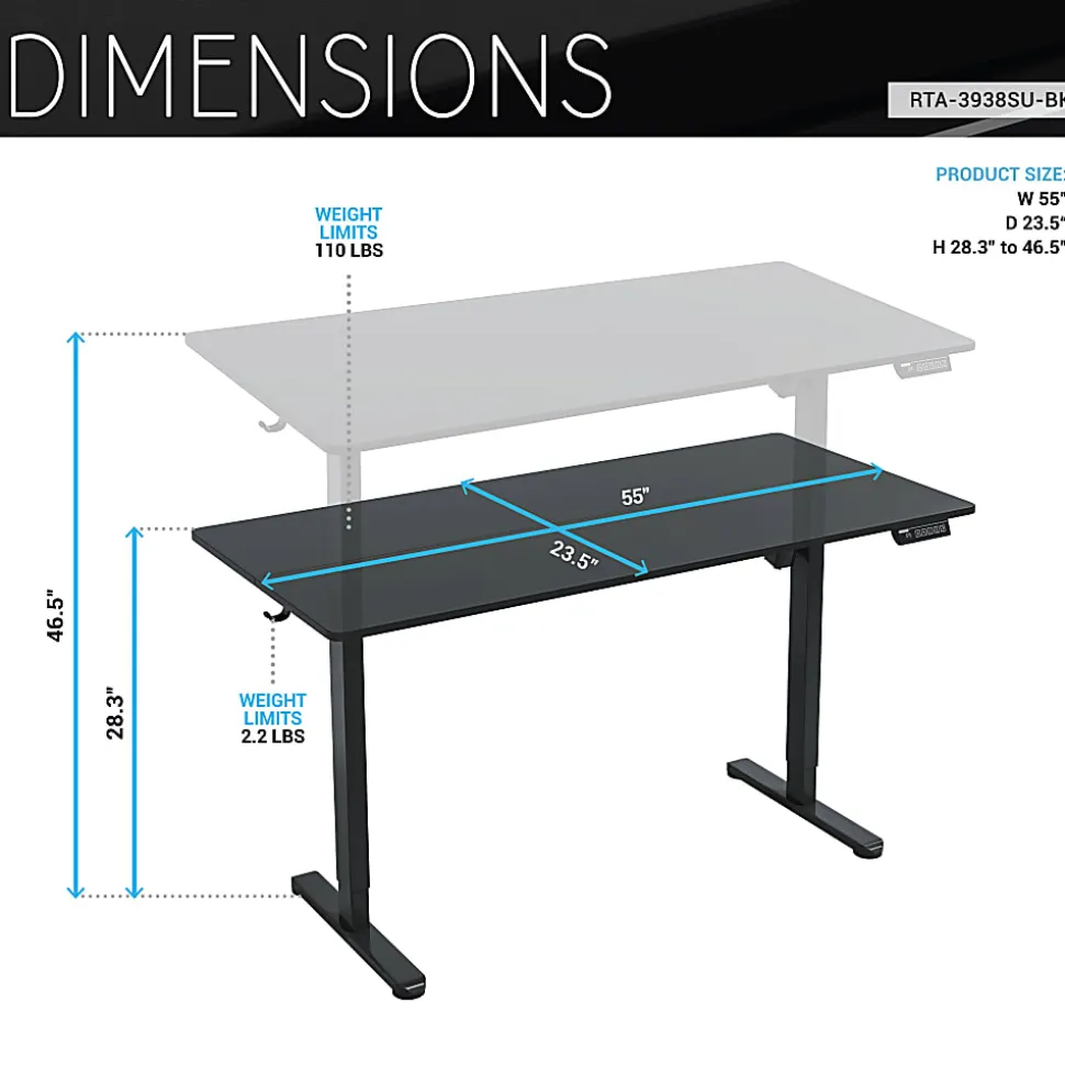 Techni Mobili 55”W Electric Adjustable Height Standing Desk, Black, Total Qty 1