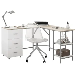 Techni Mobili 59"W L-Shaped 2-Tone Home Office Computer Desk With Storage, Sand