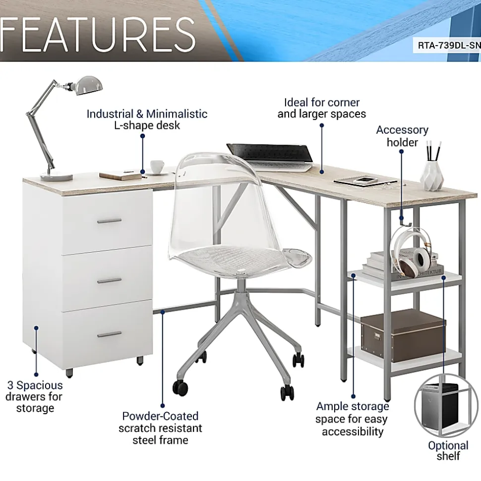 Techni Mobili 59"W L-Shaped 2-Tone Home Office Computer Desk With Storage, Sand