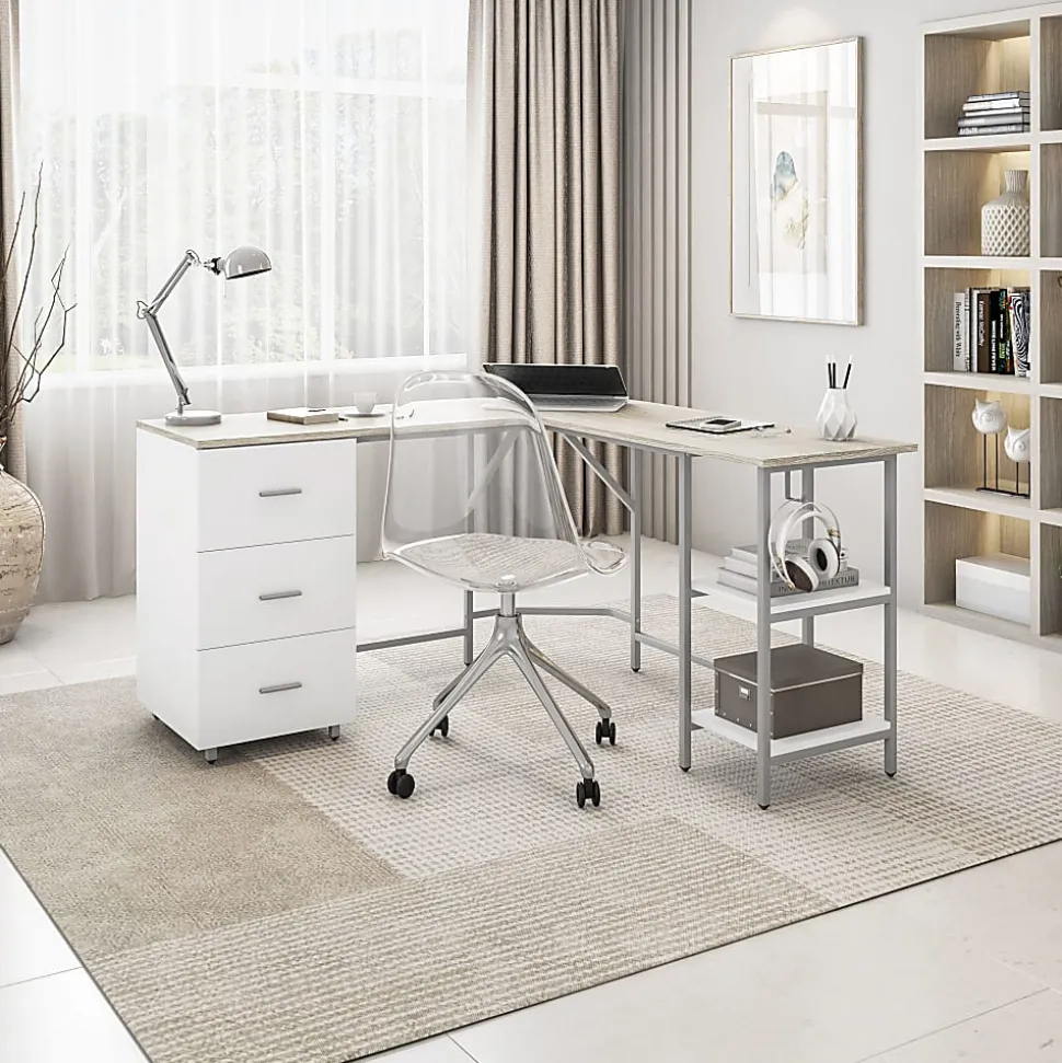 Techni Mobili 59"W L-Shaped 2-Tone Home Office Computer Desk With Storage, Sand