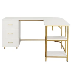 Techni Mobili 59"W L-Shaped 2-Tone Home Office Computer Desk With Storage, Gold