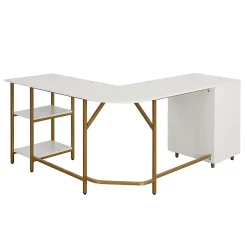 Techni Mobili 59"W L-Shaped 2-Tone Home Office Computer Desk With Storage, Gold