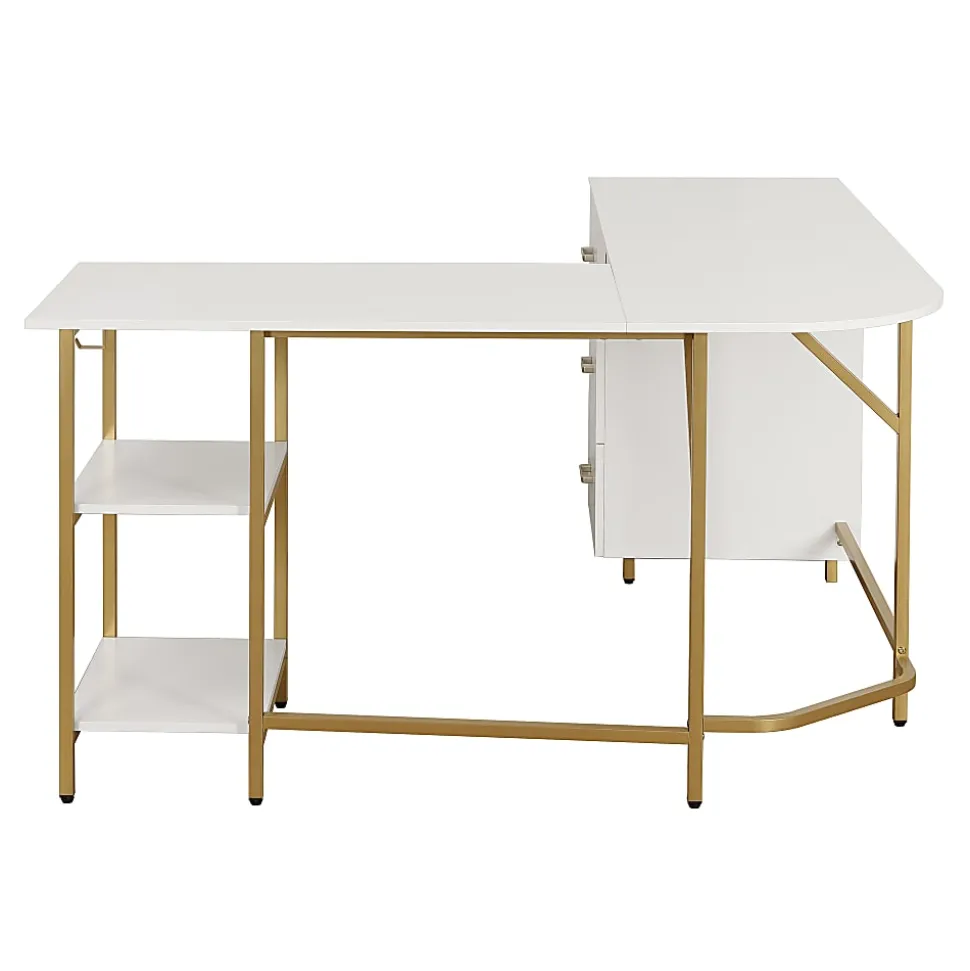 Techni Mobili 59"W L-Shaped 2-Tone Home Office Computer Desk With Storage, Gold