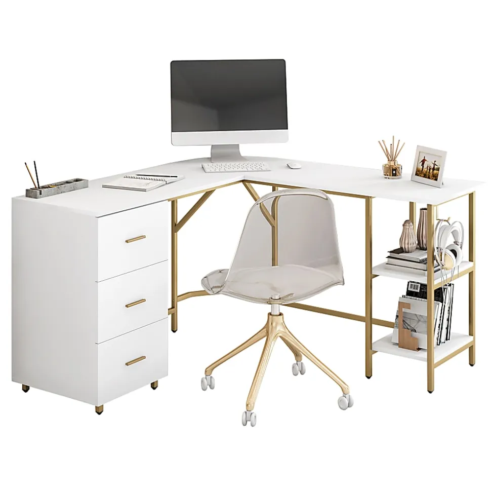 Techni Mobili 59"W L-Shaped 2-Tone Home Office Computer Desk With Storage, Gold