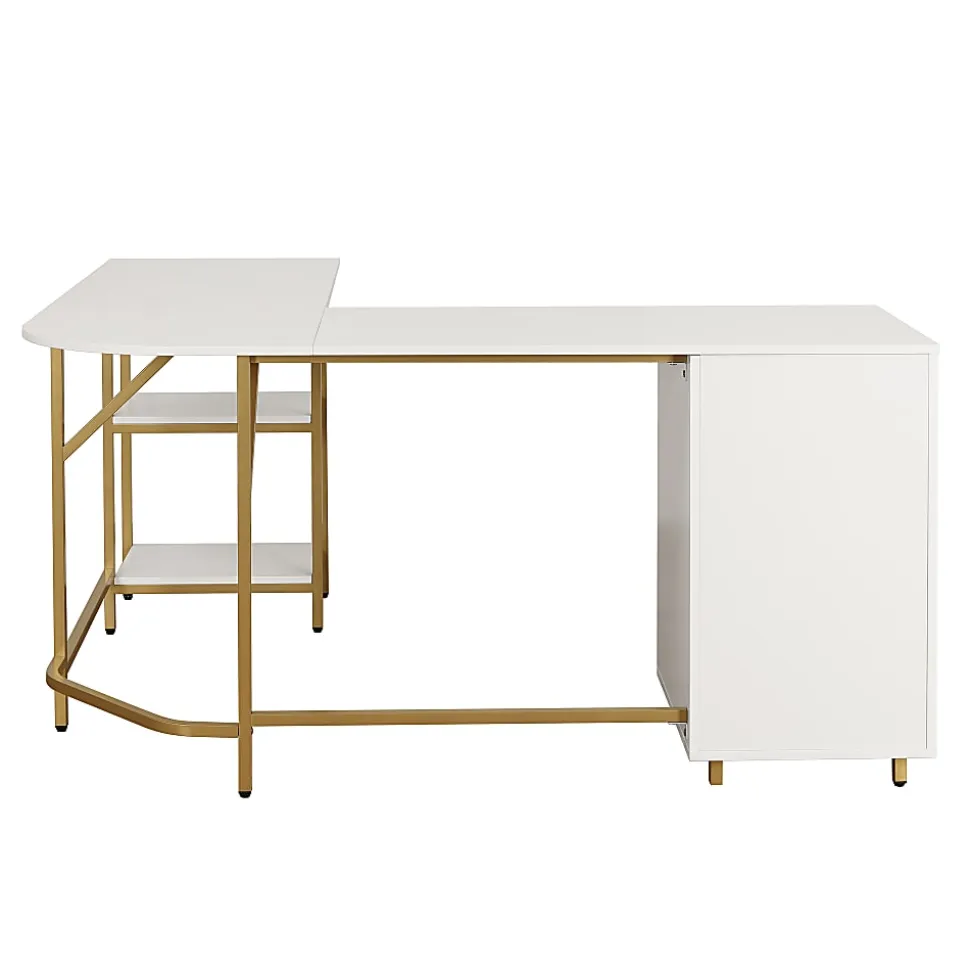 Techni Mobili 59"W L-Shaped 2-Tone Home Office Computer Desk With Storage, Gold