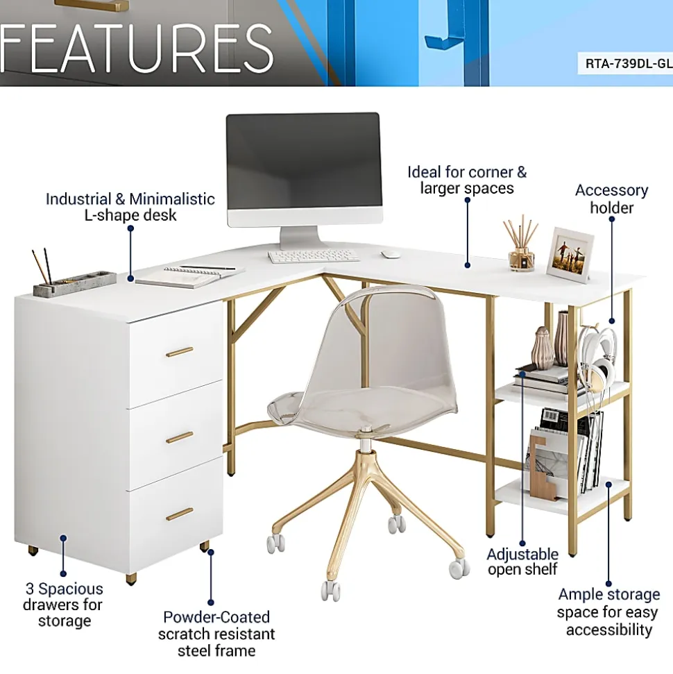 Techni Mobili 59"W L-Shaped 2-Tone Home Office Computer Desk With Storage, Gold