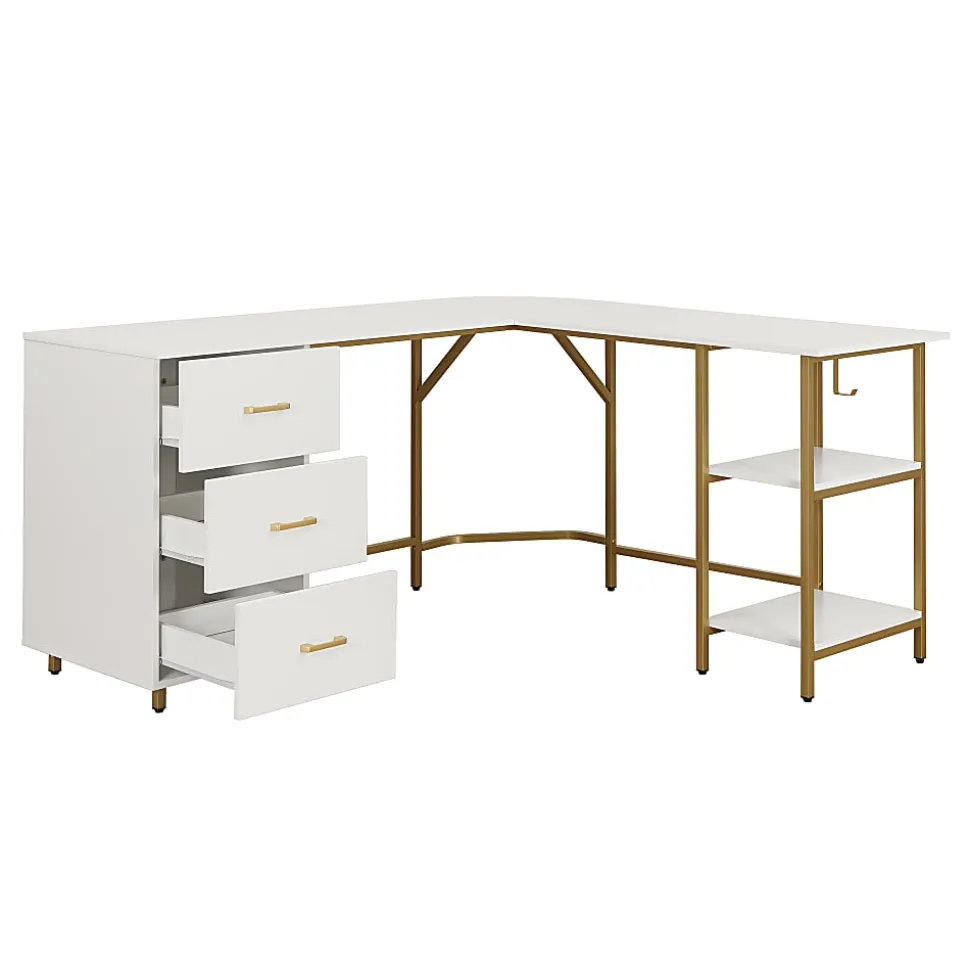 Techni Mobili 59"W L-Shaped 2-Tone Home Office Computer Desk With Storage, Gold
