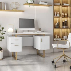 Techni Mobili 52"W Modern Computer Desk With Storage, White/Gold
