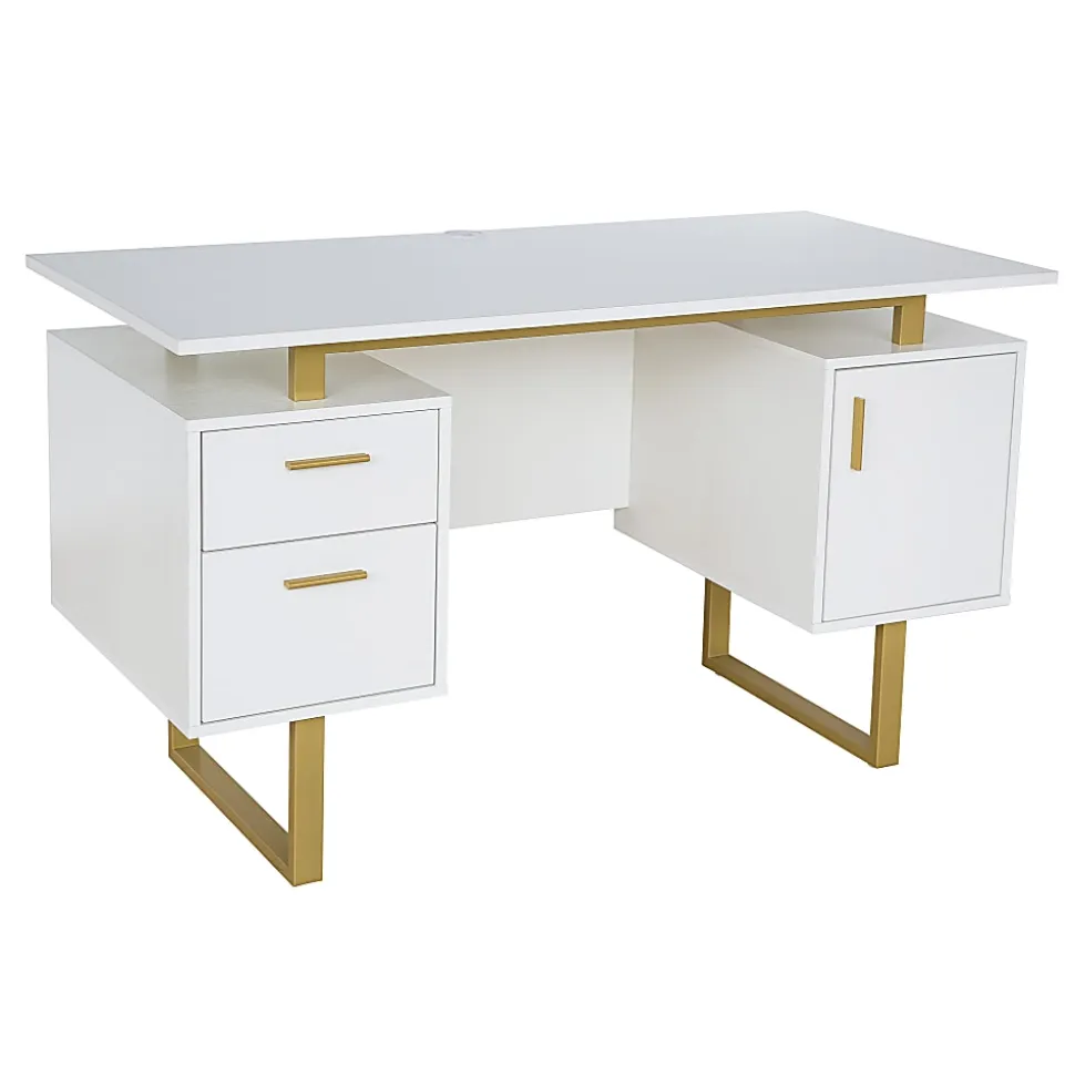 Techni Mobili 52"W Modern Computer Desk With Storage, White/Gold