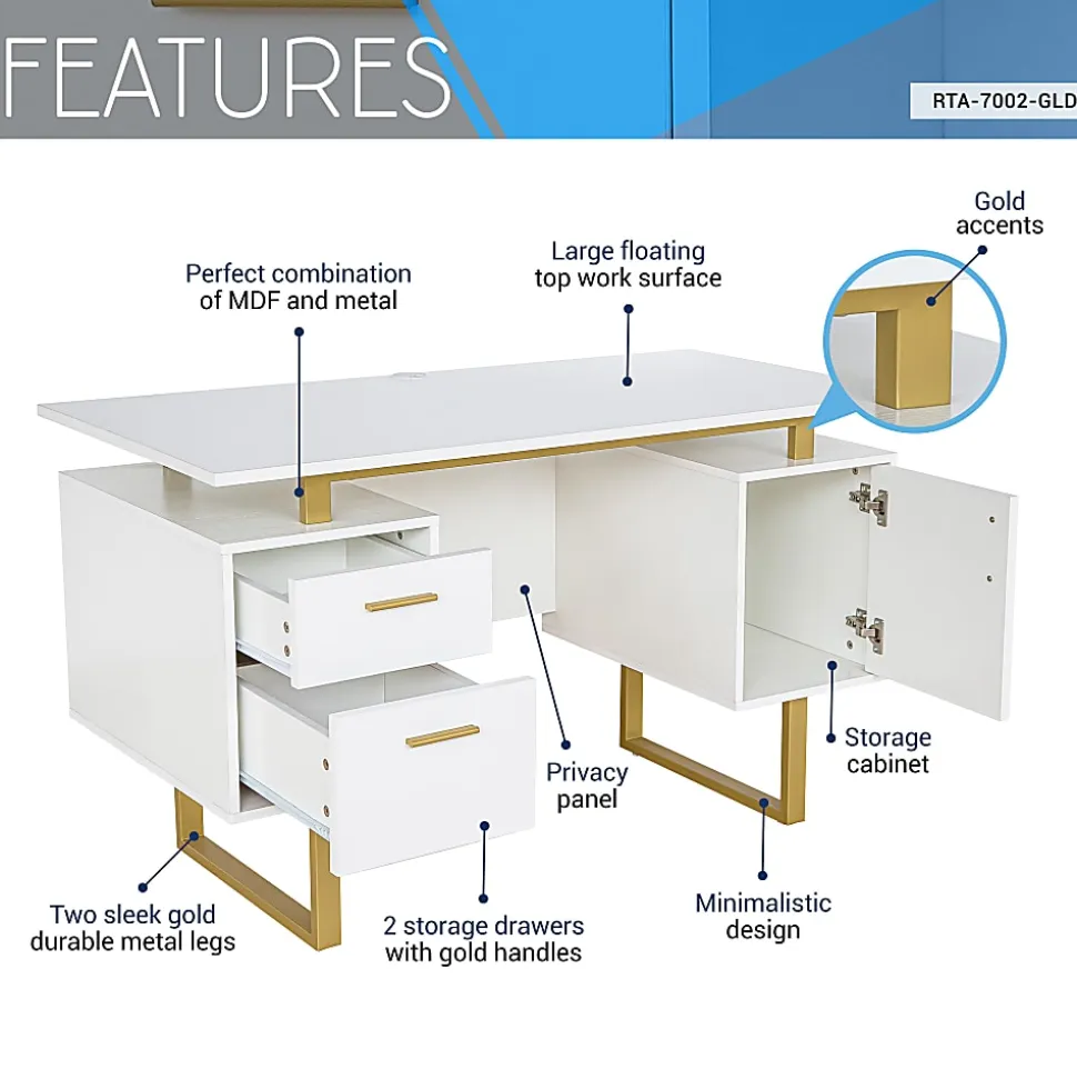 Techni Mobili 52"W Modern Computer Desk With Storage, White/Gold