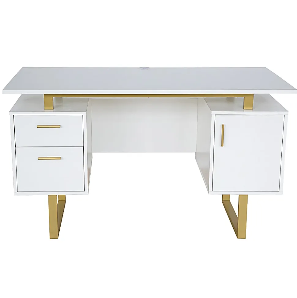 Techni Mobili 52"W Modern Computer Desk With Storage, White/Gold