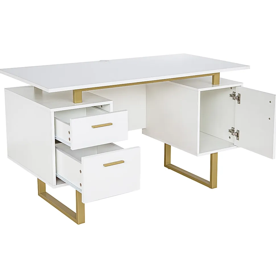 Techni Mobili 52"W Modern Computer Desk With Storage, White/Gold