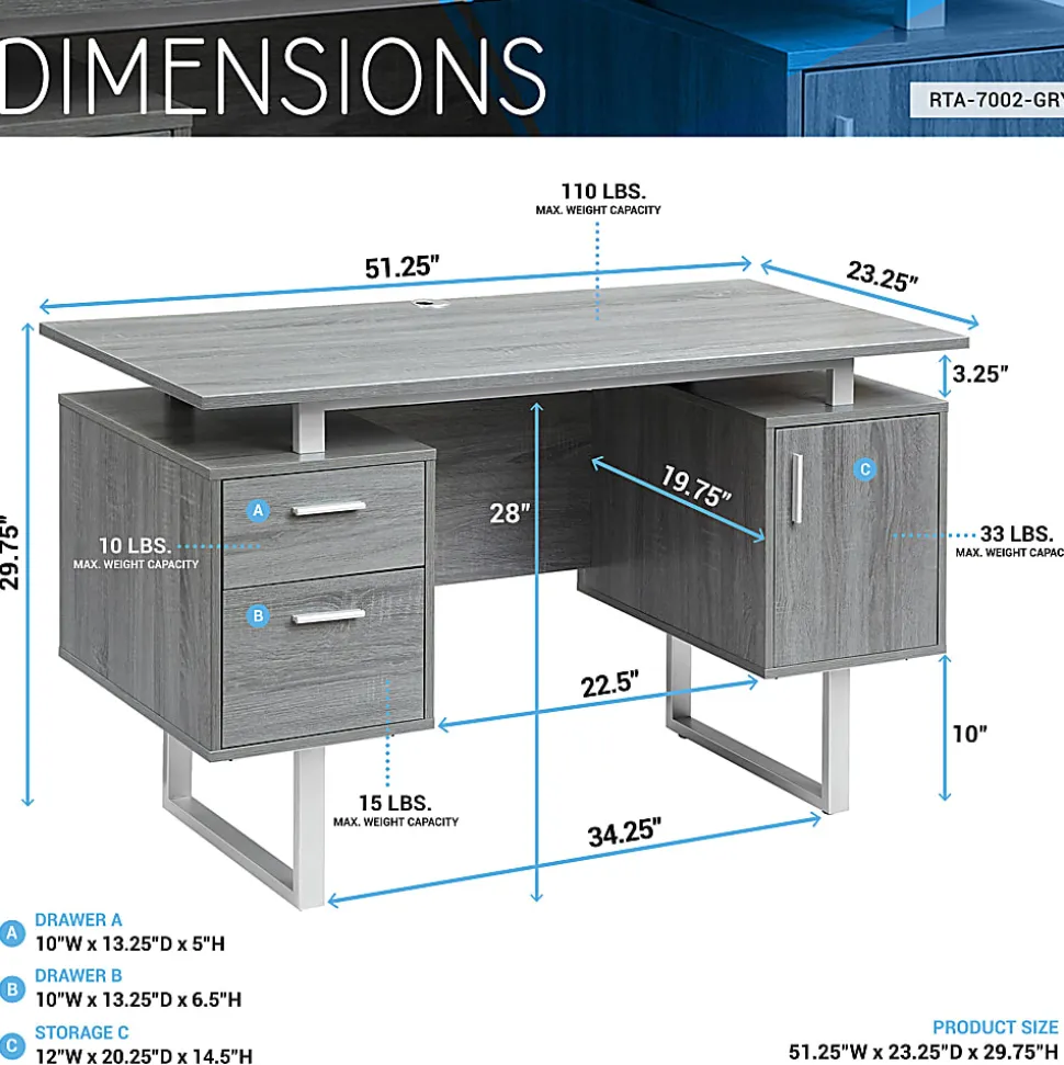 Techni Mobili 52"W Modern Computer Desk With Storage, Gray