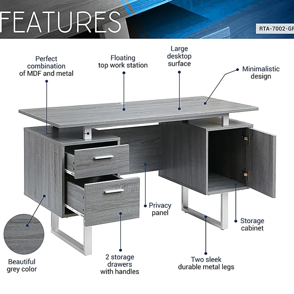 Techni Mobili 52"W Modern Computer Desk With Storage, Gray