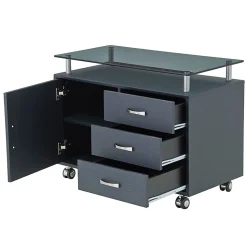 Techni Mobili 32"W Rolling Storage Cabinet With Frosted Glass Top, Graphite Black