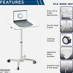 Techni Mobili 28”W Sit-to-Stand Mobile Adjustable Height Laptop Standing Desk, White, Total Qty 1